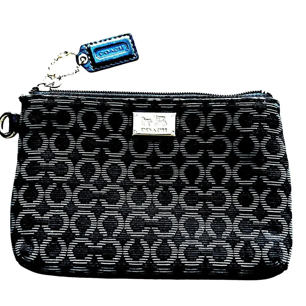Coach black and gray mini wallet pouch zipper top signature logo print canvas
